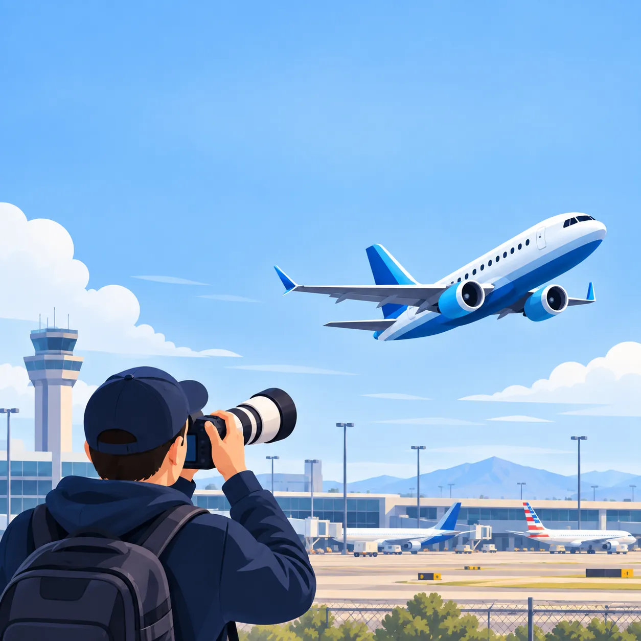 A plane spotter photographing an airliner on departure
