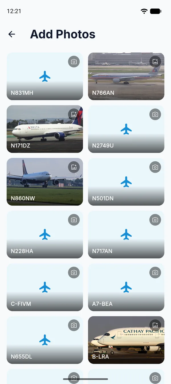 Add Photos screen with a grid of logged aircraft