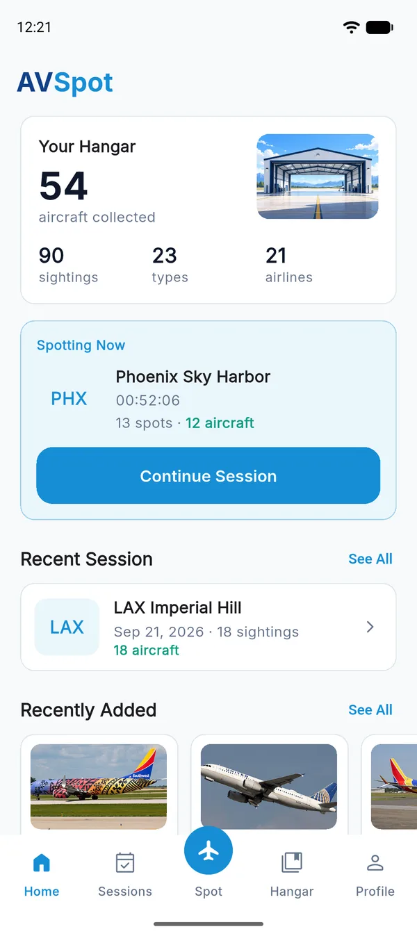 AVSpot home screen with Hangar totals and recent sessions