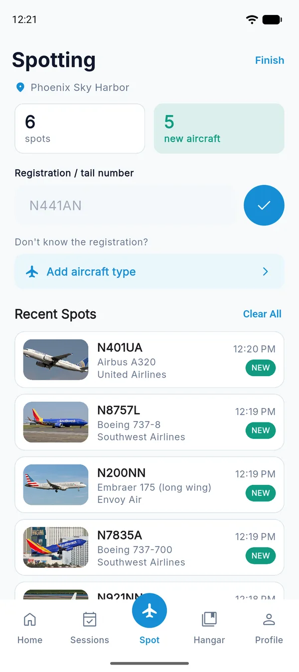 AVSpot spotting screen with a registration field and a list of recent spots