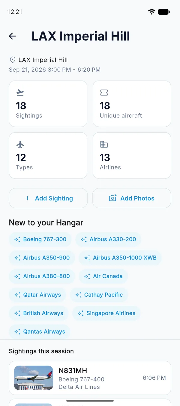Session summary for LAX Imperial Hill showing sightings, unique aircraft, types and airlines